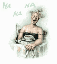 a woman is laughing while sitting at a table with a bowl of soup in front of her