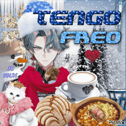 a picture of a man with a cat and a cup of coffee says tengo freo