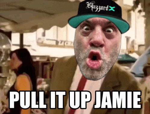 a man wearing a hat that says blizzard x pulls it up jamie