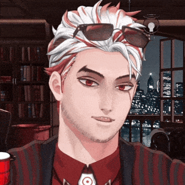 a man with red eyes and white hair is wearing sunglasses and a target tie