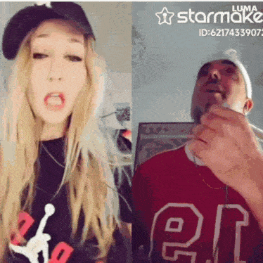 a man and a woman are standing next to each other and the man is wearing a jersey that says e.r.t.