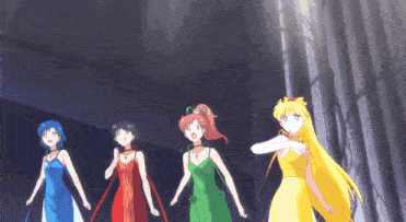 a group of anime girls are standing next to each other in a dark room