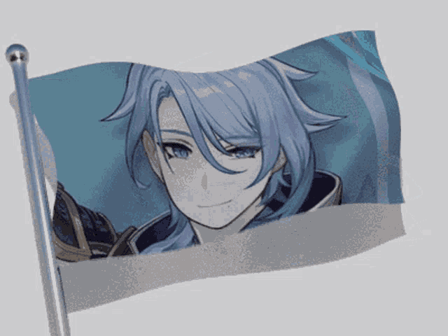 a small flag with a picture of a boy with blue hair