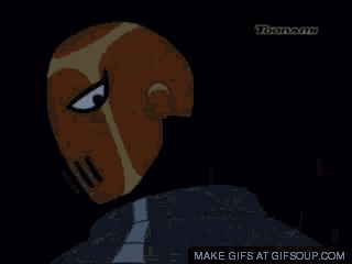 a cartoon character from teen titans go is making a funny face .