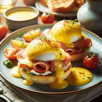 two eggs benedict sandwiches with ham and cheese on a plate