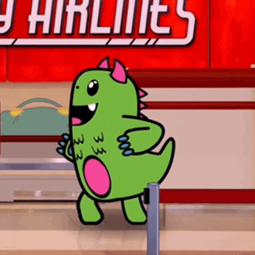a cartoon of a dinosaur standing in front of a sign that says airlines