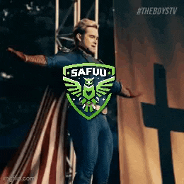 a man in a superhero costume with the word safuu on it