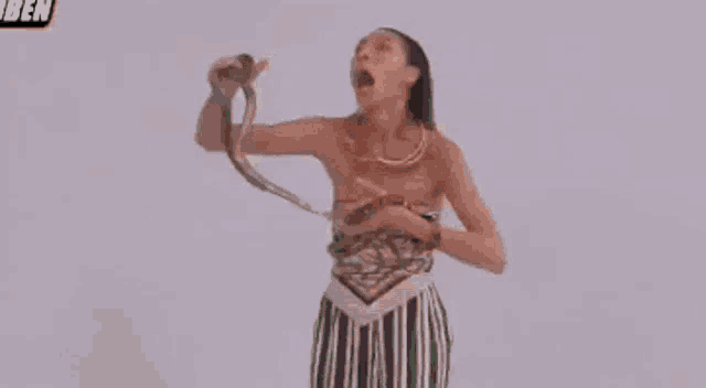 a woman is holding a snake around her neck in a pixelated image .