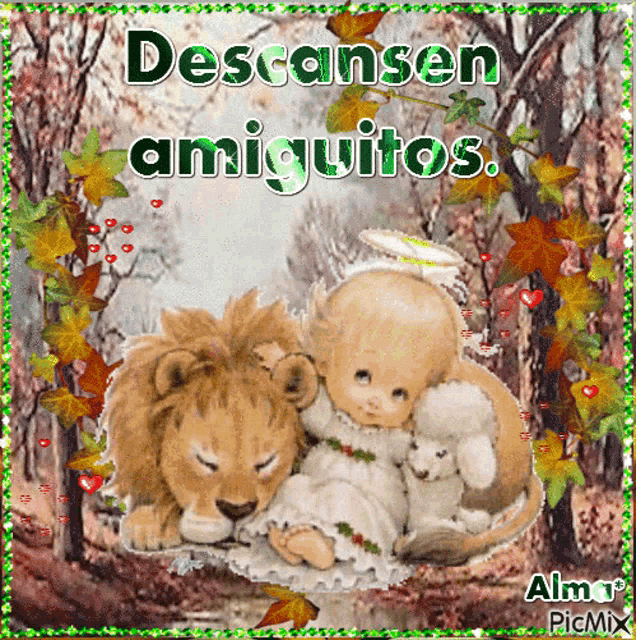 a picture of a baby laying on a lion with the words descansen amiquitos above it