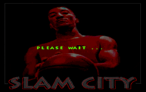a pixelated image of a man holding a basketball with the words please wait slam city