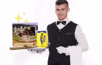 a waiter holding a can of twisted tea and a box of moose jerky