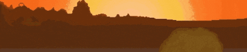 a pixel art of a sunset with mountains in the background and a tree in the foreground