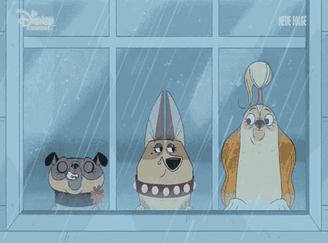 three cartoon dogs are looking out of a window sponsored by disney channel