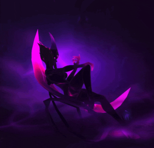 a woman with horns is sitting on a spider with purple lights behind her