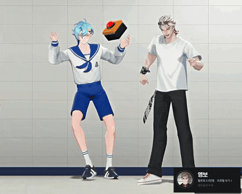 two anime characters are standing next to each other and one has a red button on his arm