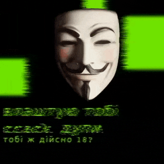 a man wearing a anonymous mask with a mustache is smiling on a green and black background .