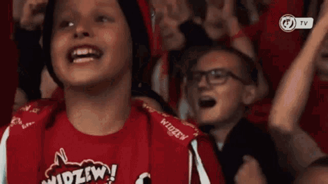 a group of people are sitting in a stadium watching a game and one of them is wearing a red shirt .