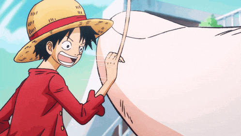 a cartoon character with a straw hat and red shirt