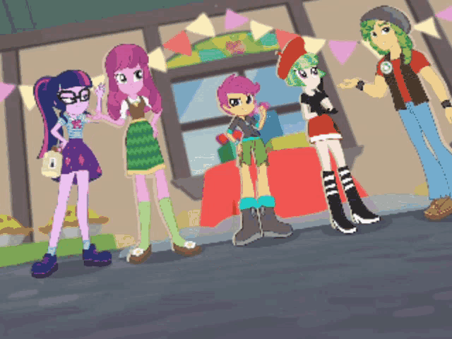 a group of cartoon characters standing in front of a building with a sign that says ' equestria girls ' on it