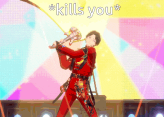 a man in a red suit is holding a sword and the words * kills you * are above him