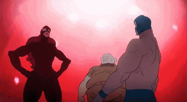 a cartoon drawing of a man in a mask standing next to two other men