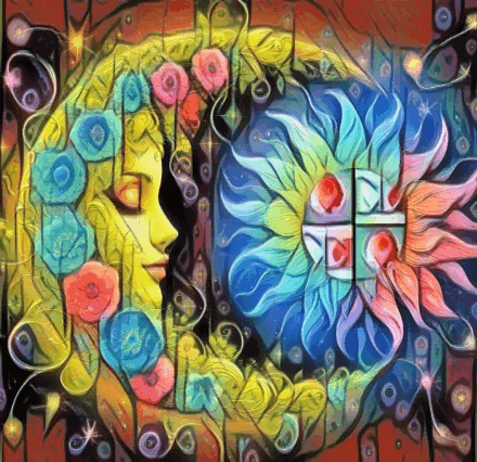 a colorful painting of a crescent moon and a sun with flowers on it