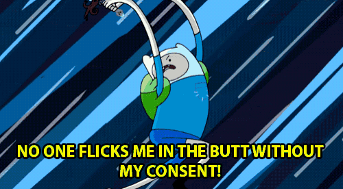 a cartoon character with the words " no one flicks me in the butt without my consent " below him