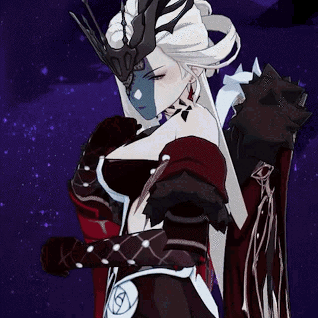 a woman with a crown on her head is wearing a red and black outfit