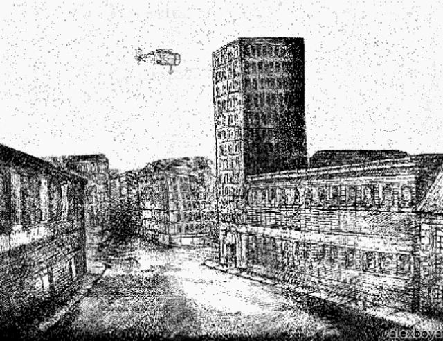 a black and white drawing of a city street with a helicopter flying overhead