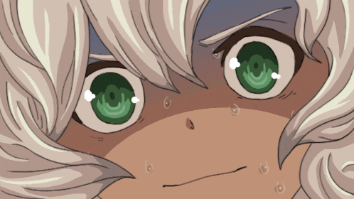 a close up of a cartoon character with green eyes