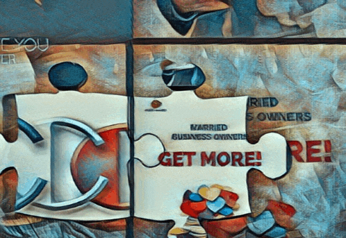 a painting of puzzle pieces with the words get more on them