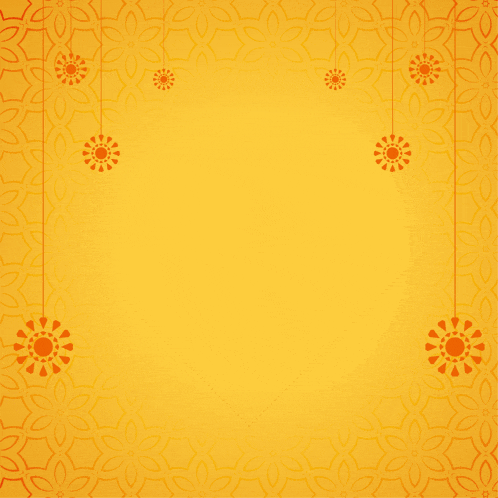 a yellow background with orange flowers hanging from a string