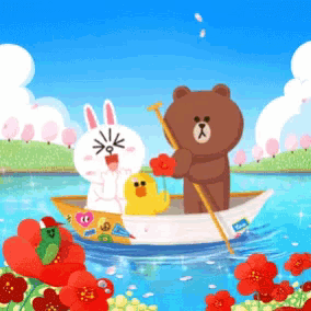 a brown bear and two rabbits are in a boat in the water