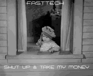 a black and white photo of a little girl looking out of a window with the words fasttech shut up & take my money