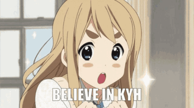 a cartoon girl with a surprised look on her face and the words believe in kyh below her