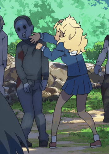 a girl in a blue skirt is fighting a man in a blue shirt