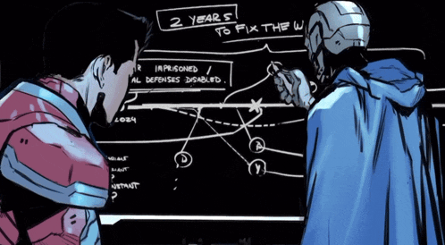 two men are looking at a drawing that says 2 years to fix the w.