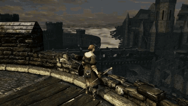 a man holding a sword and shield stands on a ledge overlooking a castle