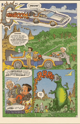 a page from a comic book shows a dinosaur and a car and says awesome