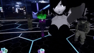 a black and white cartoon character is standing in a dark room with a purple flower on her chest .