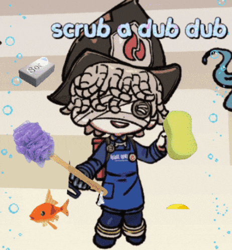 a cartoon character holding a sponge with the words scrub a dub dub written above him