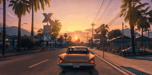 a car is driving down a road in front of a sign that says x