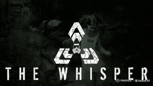 a black and white poster for the whisper shows a man wearing a gas mask