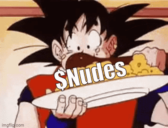 a cartoon of a person eating a plate of food with the words $ nudes written on it .