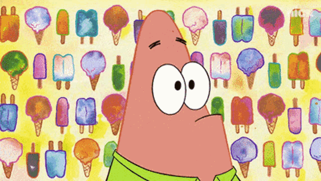 patrick star from spongebob squarepants is standing in front of a wall of ice cream