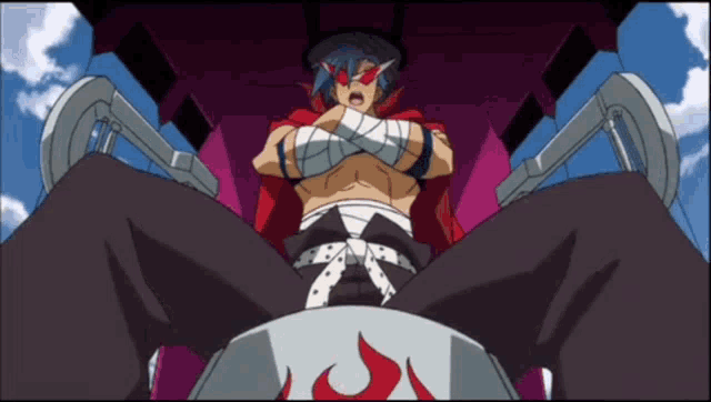 a cartoon character is sitting in a chair with his arms crossed and a flame on his pants