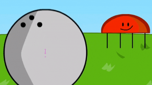 a bowling ball and a jellyfish are standing next to each other in the grass .