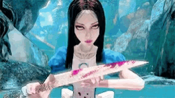 alice from alice in wonderland is holding a bloody knife in her hands .