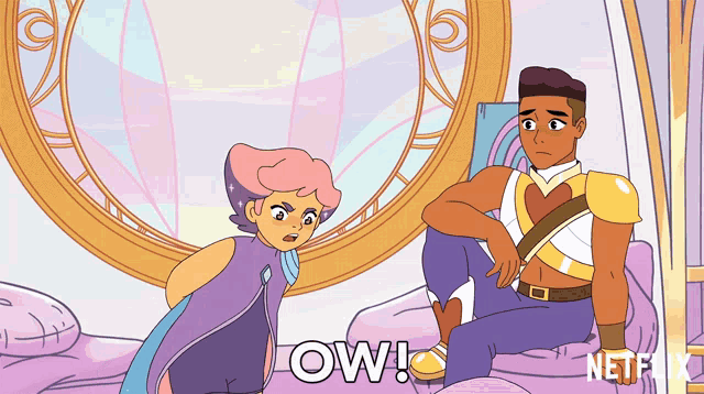 a cartoon of a man sitting next to a woman with the word ow written on the bottom