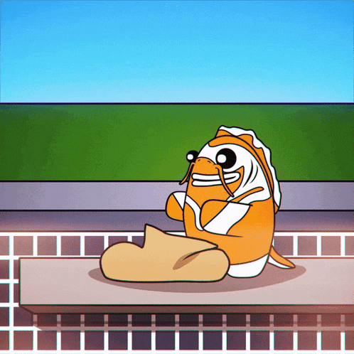 a cartoon drawing of a fish sitting on a ledge